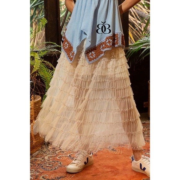 POL Cream Pearl Beaded Ruffle Tiered Tulle Maxi Skirt - Picture 9 of 11